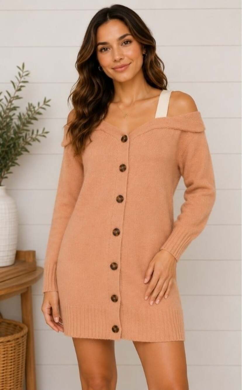 New Lovers + Friends Hermia Peach Pink Knit Off the Shoulder Mini Dress XS T80